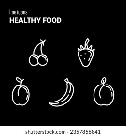 Set of five colorful outline Healthy Food icons, fruits symbols, vector pictograms, logos, outline drawings, cherry, strawberry, plum, banana and peach.