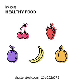 Set of five colorful outline Healthy Food icons, fruits symbols, vector pictograms, logos, outline drawings, cherry, strawberry, plum, banana and peach.