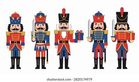 Set of five colorful traditional Christmas nutcracker soldier illustrations in various uniforms holding swords, a drum, and gift boxes isolated on a white background for holiday decor.