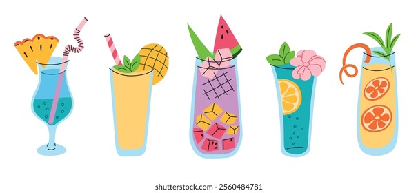 Set of five colorful tropical cocktails in glasses with fruit garnishes and straws in flat cartoon style. Mocktails vector illustrations. Perfect for summer, party, and beverage themed designs