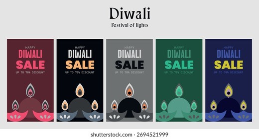Set of five colorful, vertical banners for a Diwali Sale. Modern, minimalist design with abstract diyas and bold text suitable for social media marketing and advertisements.