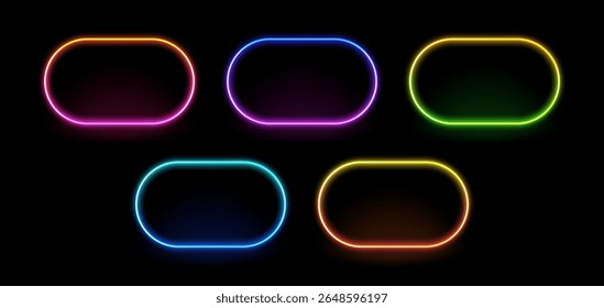 Conjunto de cinco vetores coloridos de moldura de néon com cantos arredondados. Formas luminosas vazias para design retrô ou futurista.