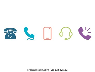 is set of five communication icons features a diverse range of devices and symbols representing connectivity, including a classic telephone, mobile phone, and customer support headset. Rendered in a clean, minimalist, and colorful flat-design style, these vector icons are perfect for contact pages, customer support interfaces, business websites, mobile applications, and digital communication materials that require a modern, user-friendly touch.

#CommunicationIcons #TechDesign #VectorGraphics #DigitalConnectivity #MobilePhone #ContactUs #BusinessCommunication #MinimalistIcons #TechIllustration #UserInterface