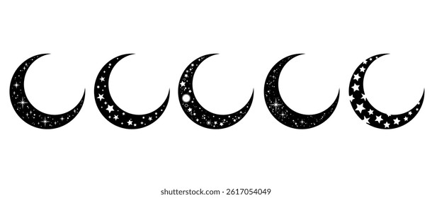 Set of five crescent moons decorated with a scattering of stars. White background, isolated objects