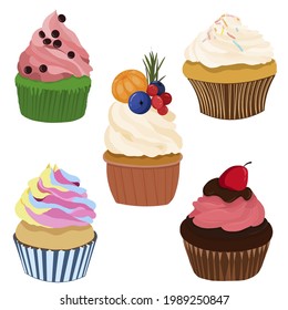 Set of five cupcakes with different creams.