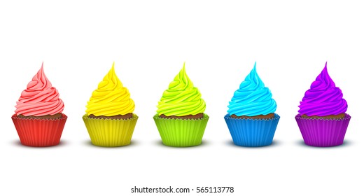 set of five cupcakes in a very brightly colored rainbow packs with a large number of multi-layered twisted a delicious rich fruit cream in color packaging. 3D simulation
