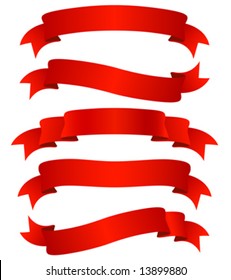 set of five curled red ribbons, vector illustration