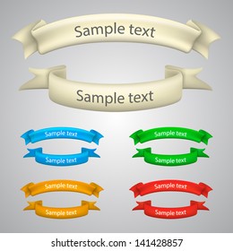 Set of five curled ribbons, color collection ribbon name text, vector illustration