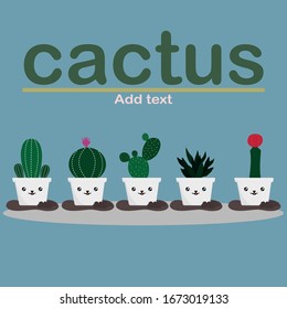 Set of five cute cactus cartoon with bear face in pots and with plants. Can ad text in the card