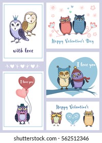 Set of five cute cards for Valentine's Day. Funny colorful owls with balloons congratulating on the holiday.