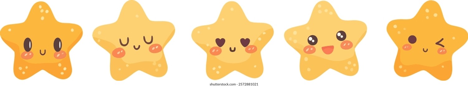 Set of five cute, cartoon stars with various happy expressions.  Perfect for children's projects, branding, or any design needing cheerful imagery. Vector illustration