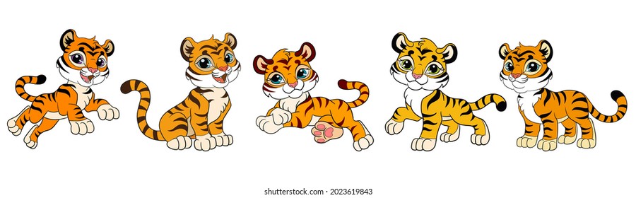 Set of five cute cartoon tiger cubs. Vector isolated illustration. For postcard, posters, nursery design, greeting card, stickers, room decor, party, nursery t-shirt,apparel