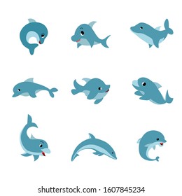 Set of five cute dolphins. Vector illustration.