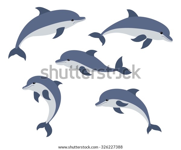 Set of five\
cute dolphins. Vector\
illustration.