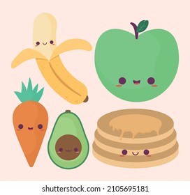 set of five cute foods