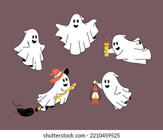 Set of five cute funny ghosts. Baby creepy boo characters for kids. Magic scary spirits with different emotions and facial expressions. Isolated trendy vector illustration for Halloween