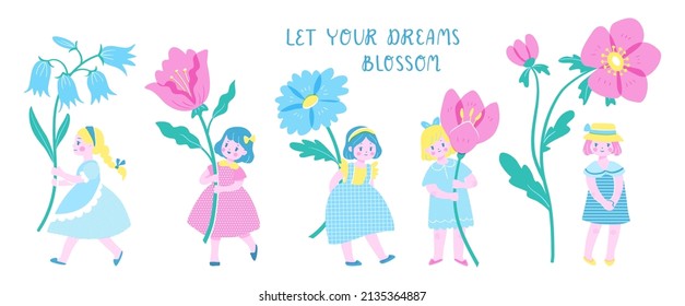 Set of five cute girls holding big spring flowers. Vector illustration of children with flowers in colorful retro style. Isolated elements on white background.