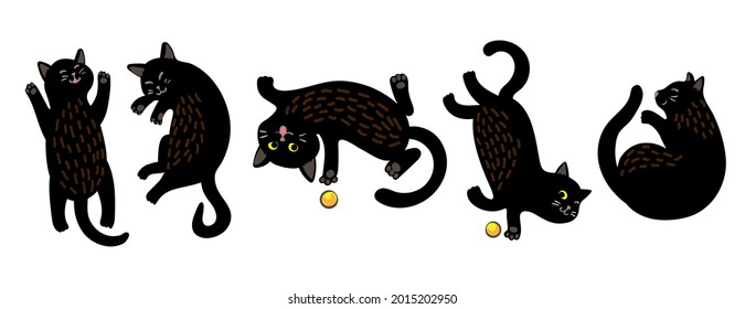 A set of five cute painted black cats. The cat is playing with a yellow ball, sleeping, lying belly up, smiling. A sly little mischief-maker. Children's stylized illustration