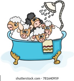 Set of five cute sheep in bathtub with shower
