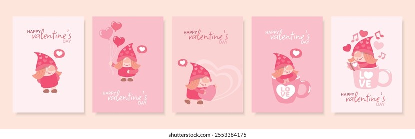 Set of five cute Valentine's Day cards featuring a gnome in different romantic scenes. Perfect for sending love and warm wishes.