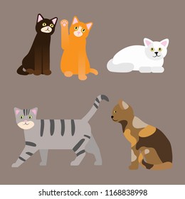 Set of five cute vector cats. Black, ginger, white, striped, spotted cat. Vector illustration isolated in flat style.