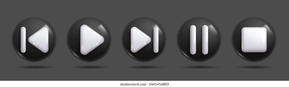 A set of five dark 3D multimedia control buttons (play, pause, stop, rewind, fast-forward) with a black base and metallic accents on a transparent background. 3d Set of Vector Icon.