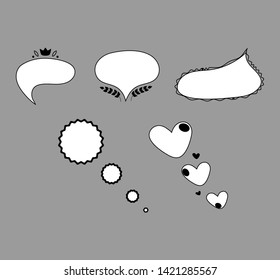 Set of five decorative black and white thought bubbles / speech balloons, vector graphics, vector illustration