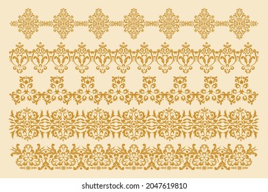 A set of five decorative borders. Damascus frames in old style. Vector design element. Computer graphics.