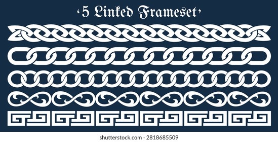 Set of five decorative linked borders featuring Celtic knot, chain, and Greek key motifs.