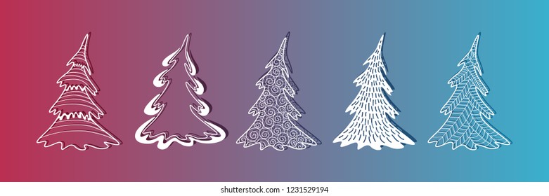 Set of five decorative and openwork Christmas trees with shadows. Papercut effect. Vector illustration.