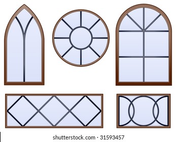 Set of five decorative vector windows with beveled glass