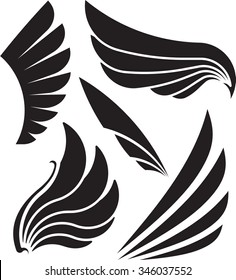 Set of five decorative wings. Vector illustration.