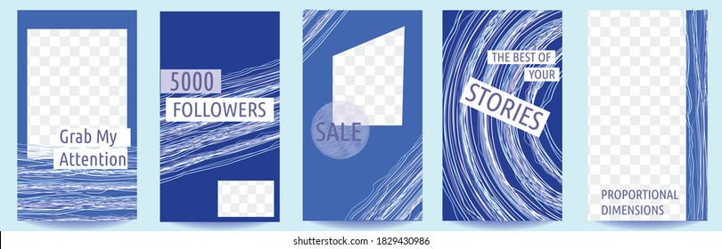 Set of five delicate vertical banners with abstract elements and image placeholders. Dimensions tailored to social media stories 1080x1920. Editable. 