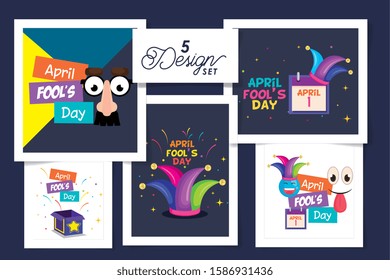 set five designs of april fools day with icons decoration vector illustration design
