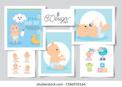 set five designs of baby shower for boy vector illustration design