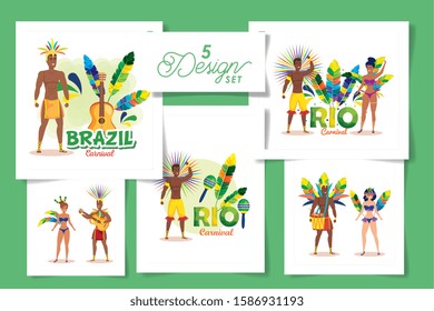 set five designs of brazil carnival with people vector illustration design