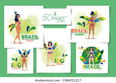 set five designs of brazil carnival with women and icons vector illustration design