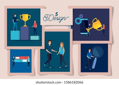 set of five designs with business icons and people vector illustration design