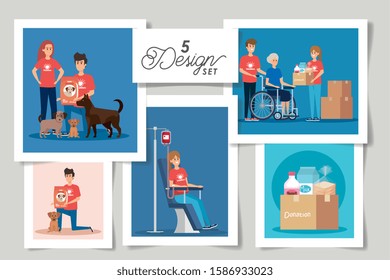 set of five designs donation charity vector illustration design