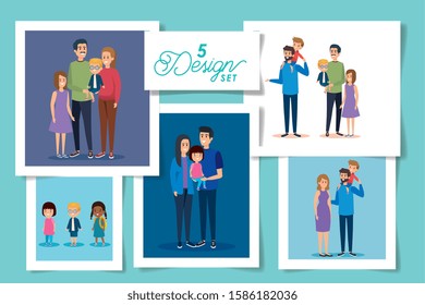 set of five designs family group in scenes natural vector illustration design
