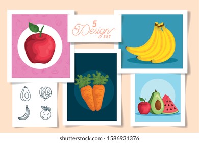 set five designs of designs fresh with vegetables and fruits vector illustration design