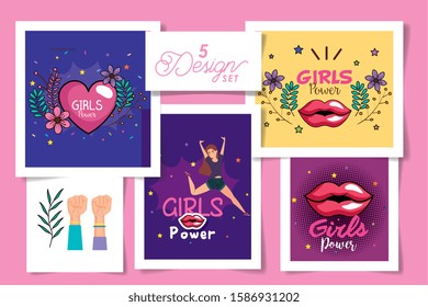 set five designs of girl power cards with decoration vector illustration design