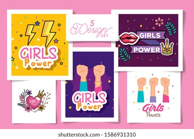 set five designs of girl power cards with decoration vector illustration design