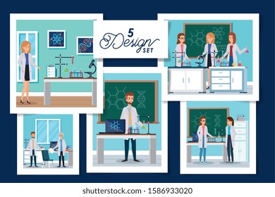 set of five designs laboratory scenes with group scientific vector illustration design
