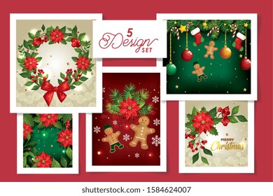 set five designs of merry christmas with flowers and decoration vector illustration design
