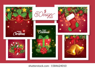 set five designs of merry christmas with flowers and decoration vector illustration design