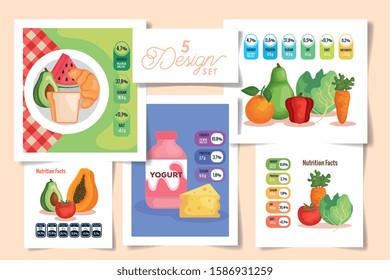 set five designs of nutrition facts with healthy food vector illustration design