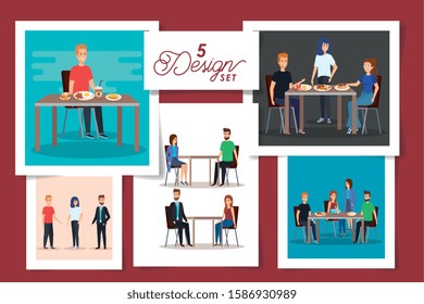 set of five designs of people in the breakfast vector illustration design