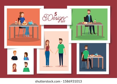 set of five designs of people in the breakfast vector illustration design
