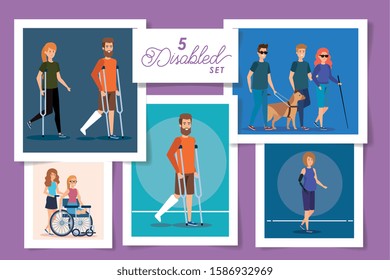 set five designs of people disabled vector illustration design